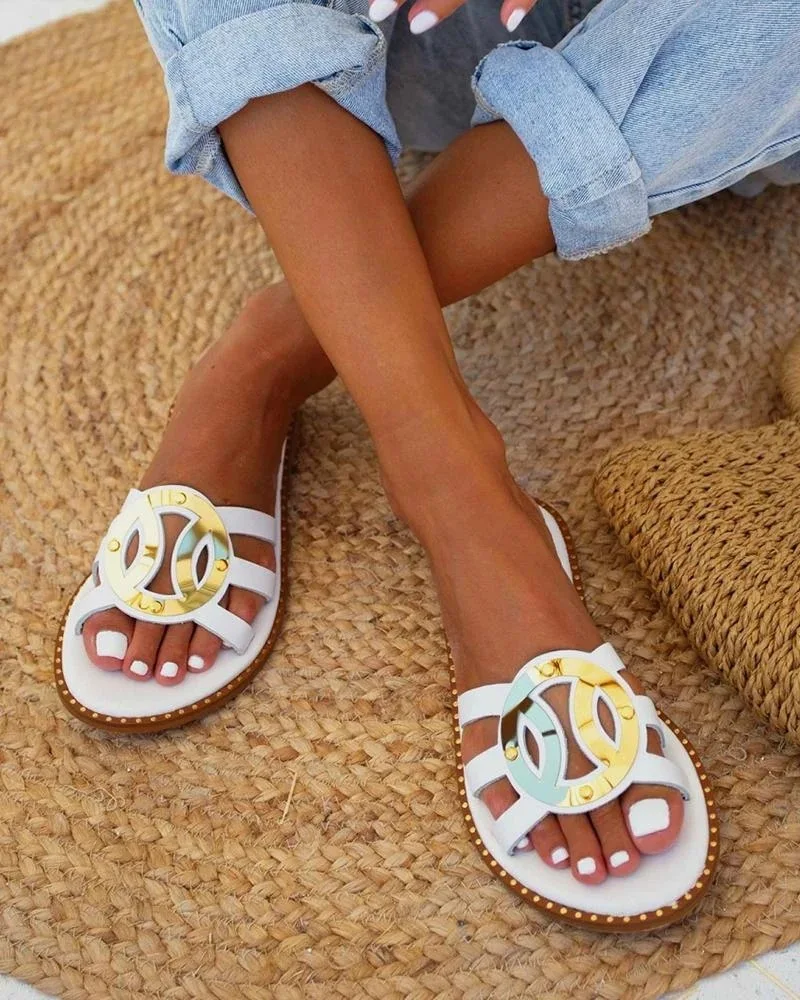 

Large size 40-43 summer new one line sandals metal decoration hollow out women's shoes