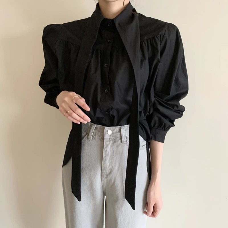 RealShe белая женская блузка со стоячим воротником и длинным пышным рукавом