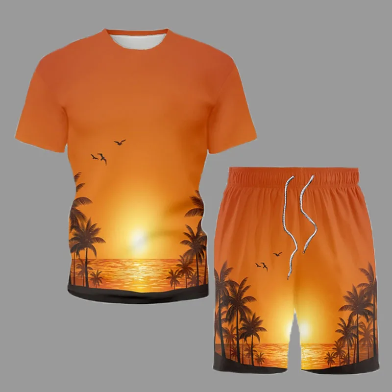 

2021 Hawaiian Casual Mens Sets Beach Dusk Coconut Print Short Sleeve Suit T-Shirt Shorts Can Separate Sell Summer Clothing Man