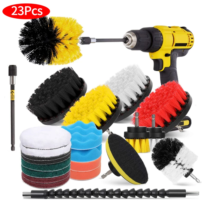 

23pcs Drill Brush Attachment Set for Cleaning Power Scrubber Brush Pad Sponge Kit With Extend Attachment Car Cleaning Accessorie