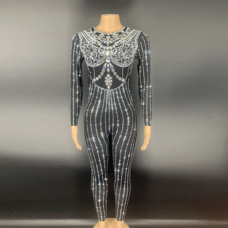 

Sparkly Rhinestone Jumpsuit Headdress Women Long Sleeve Fashion Nightclub Bar Prom Party Outfit Singer Dance Costume Stage Wear