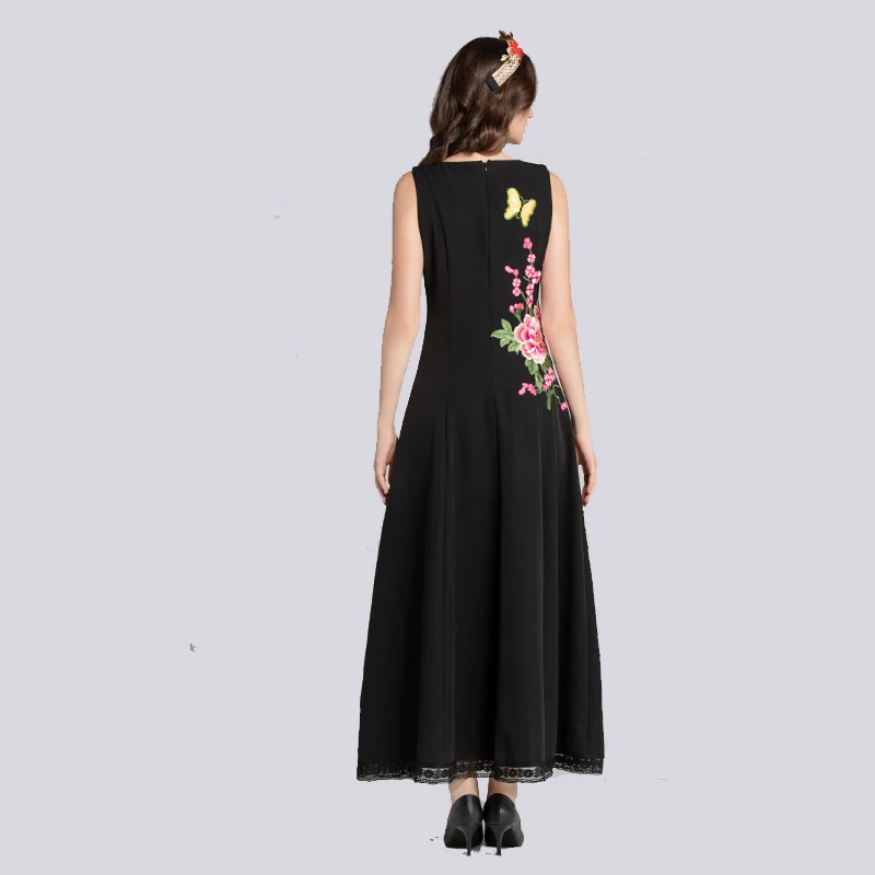 Модное шоу Moda Цветочные Vestidos de Festa Sem Mangas das Mulheres Do винтажные Flor Preto Bordado Vestido longo