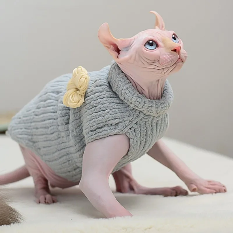 Дешево Новинка осенне-зимняя одежда для кошек Sphynx теплый синий жилет для кошек без волос классическая одежда для щенков свитер для домашних животн...