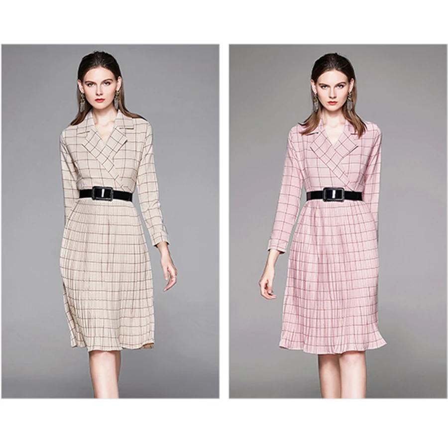 

2021 Female Vintage Pink Plaid Midi Dresses Autumn Winter Plus Size Solid Long Sleeve Dress Elegant Women Bodycon Party Vestidos