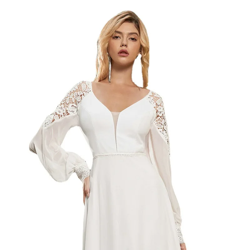 

Mandylandy Dress Summer Sexy Long Sleeve Backless Hollow Out V-neck Dress Women's Elegant Solid Color Lace Slim Patchwork Dress