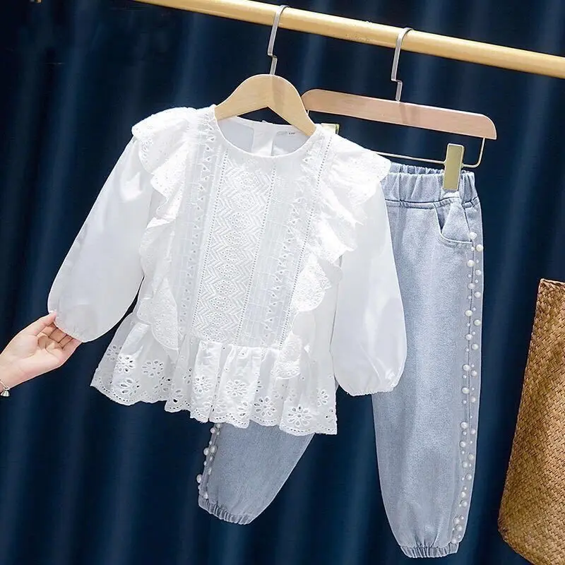 

2021 New Baby Girl Lace Fold Clothes Fashion NiceTop+Denim Jeans Trousers Children Toddlers girls clothing set Costume 3 6 8
