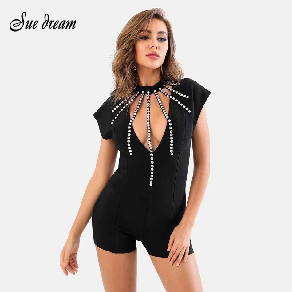 

High Quality Ladies Sexy Diamond Cutout Sleeveless Black Bandage Jumpsuit 2021 Celebrity Designer Fashion Party Jumpsuit