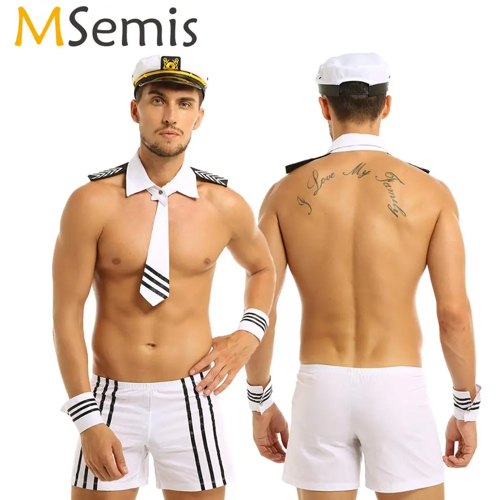 Adult Men Lingerie Sexy Sailor Cosplay Costumes Carnival Navy Uniform Shorts with Cap Collar Tie Cuffs Cosplay Party Nightwear