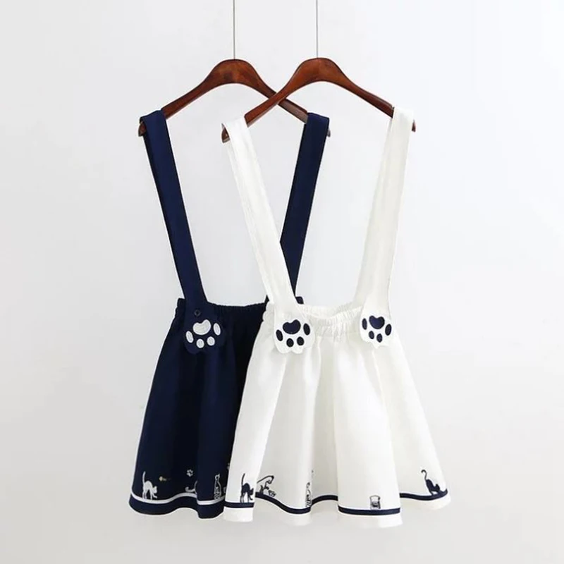 

SzBlaZe Kawaii Embroidered Cat Paw Suspenders Skirt Cute Strap Dress Lovely Female Summer Student Short Braces Skirt