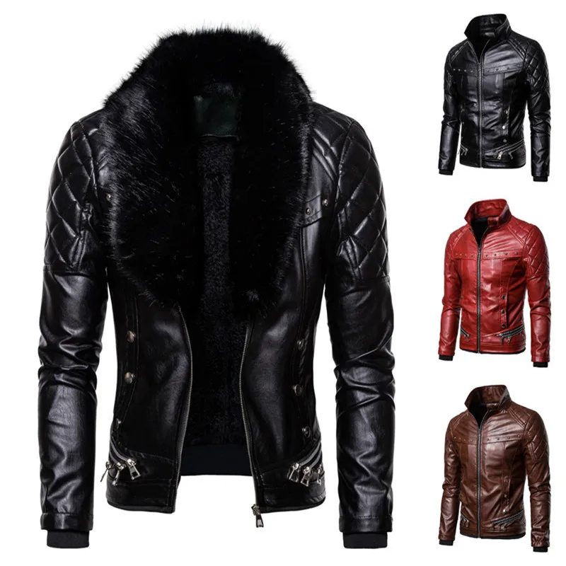 

New Men's Biker Leather Jacket Fur Collar Detachable Faux Leather Motocycle Jackets Coats Casual PU Jacket Chaqueta Moto Hombre