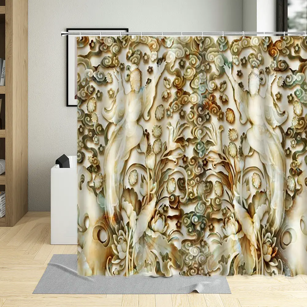 

Unique Marbling Printing Shower Curtain Waterproof Polyester Fabric Bathroom Decor With Hooks Hanging Curtain Multi Size
