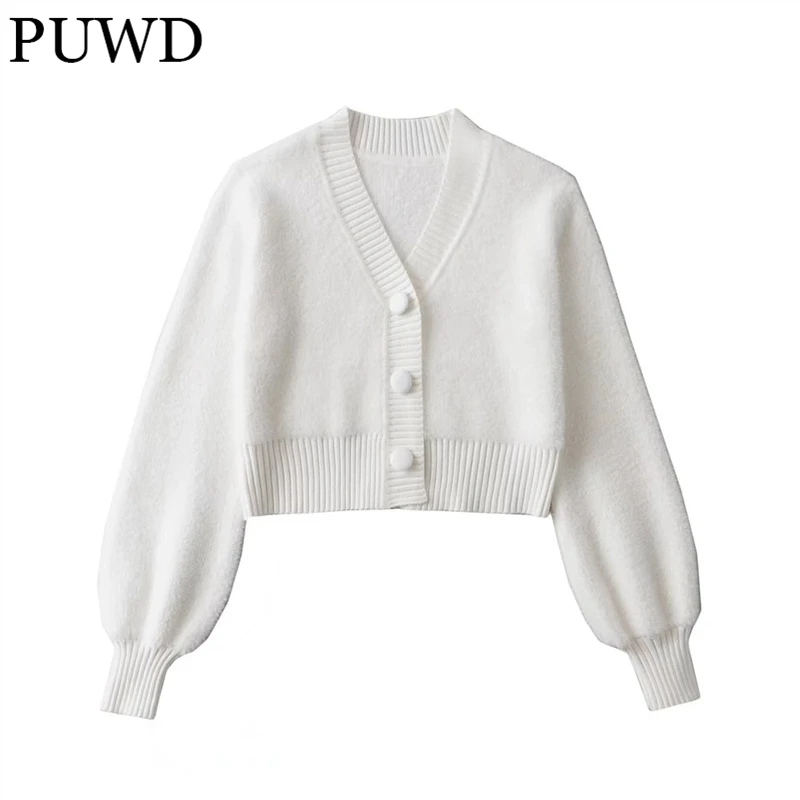 

PUWD Casual Girls V Neck Cardigan Knitwear Single Breasted Solid Ladies Soft Knitted Top 2021 Autumn Fashion Women Chic Sweater