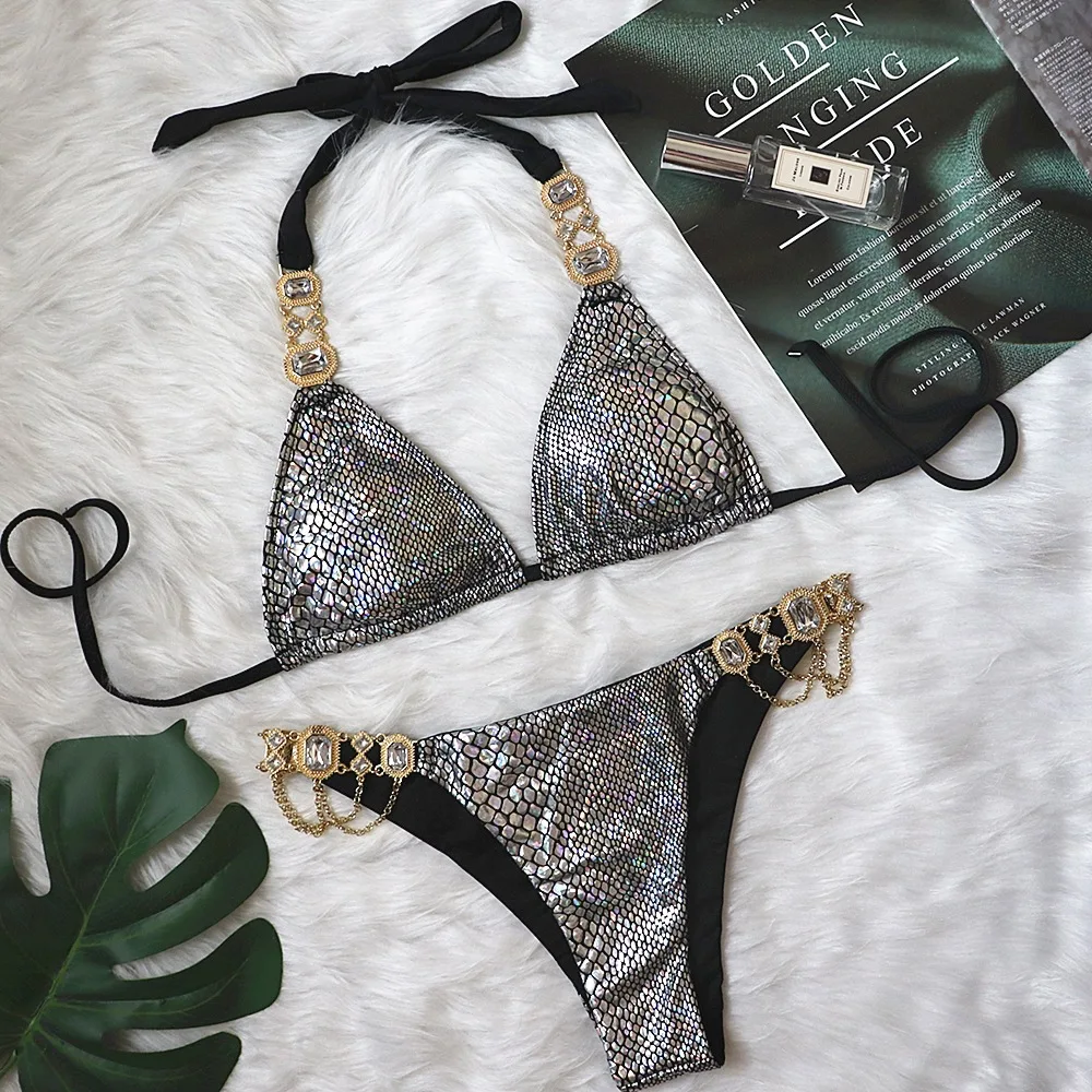 

2021 New Swimsuit, Crystal Diamond Chain Female Split Swimsuit, Bronzing Snake Pattern Strappy Sexy Bikini