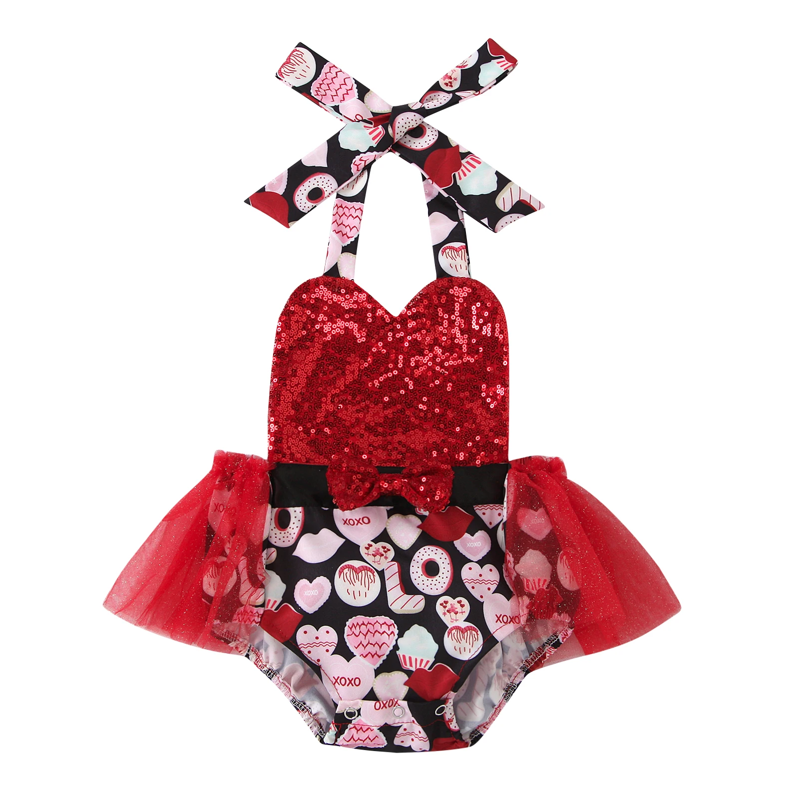 

Toddler Baby Girl's Romper Dress Sequined Love Printing Halter Outfits Casual V-neck One-piece Clothing Tutu Jumpsuit