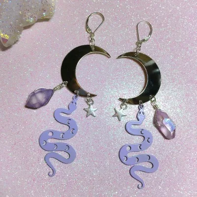 

Witchy Snake, Moon, and Crystal with Stars Hoop Earrings