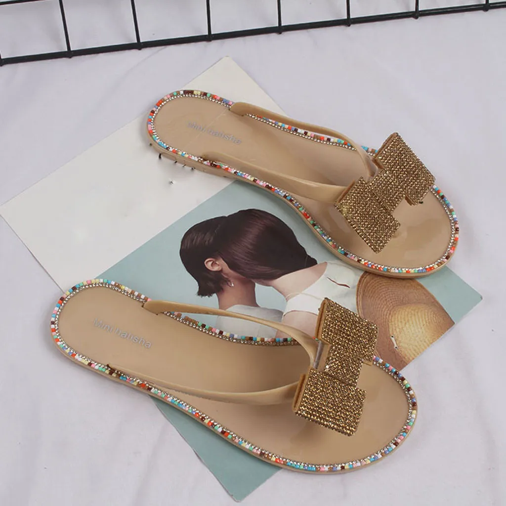 Шлепанцы женские пляжные сандалии на плоской подошве богемный стиль цвет