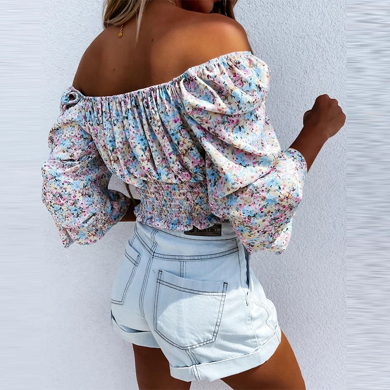 

Women Fashion Sexy quare Collar Lace-Up Elastic Waist Slim Tops Pullovers Summer Elegant Floral Printed Long Sleeve Short Shirts