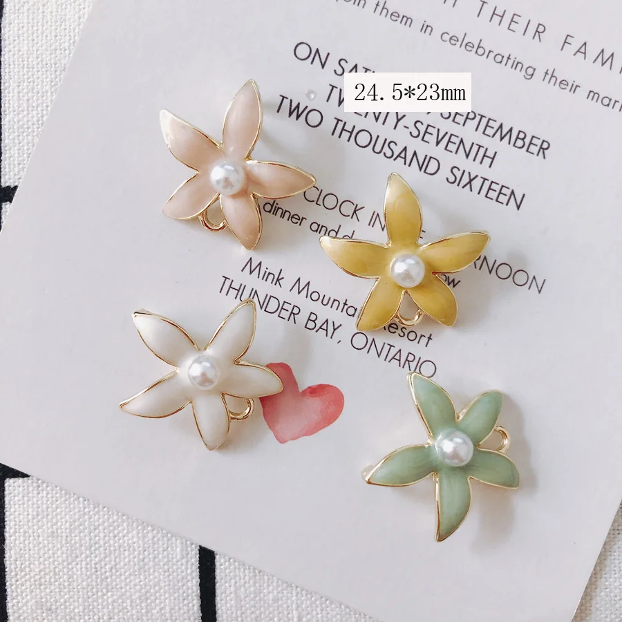 

Pearl Core Enamel Alloy Flower Charms 30pcs 25*23mm Gold Tone Plated Oil Drop Floral Earring Necklace Floating Pendants Ornament