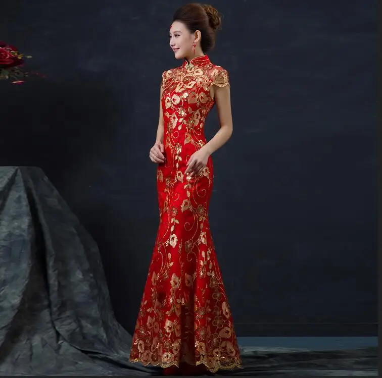 Красное китайское свадебное платье женское облегающее Ципао с длинным коротким