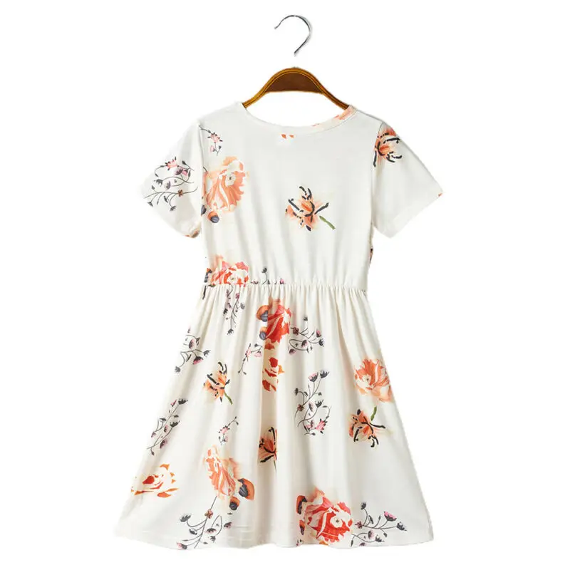 

Girls Short Sleeve Printed Dress Cotton White Round Neck Waist Pleated Skirt Lovely Casual Comfortable Floret Children Skirts