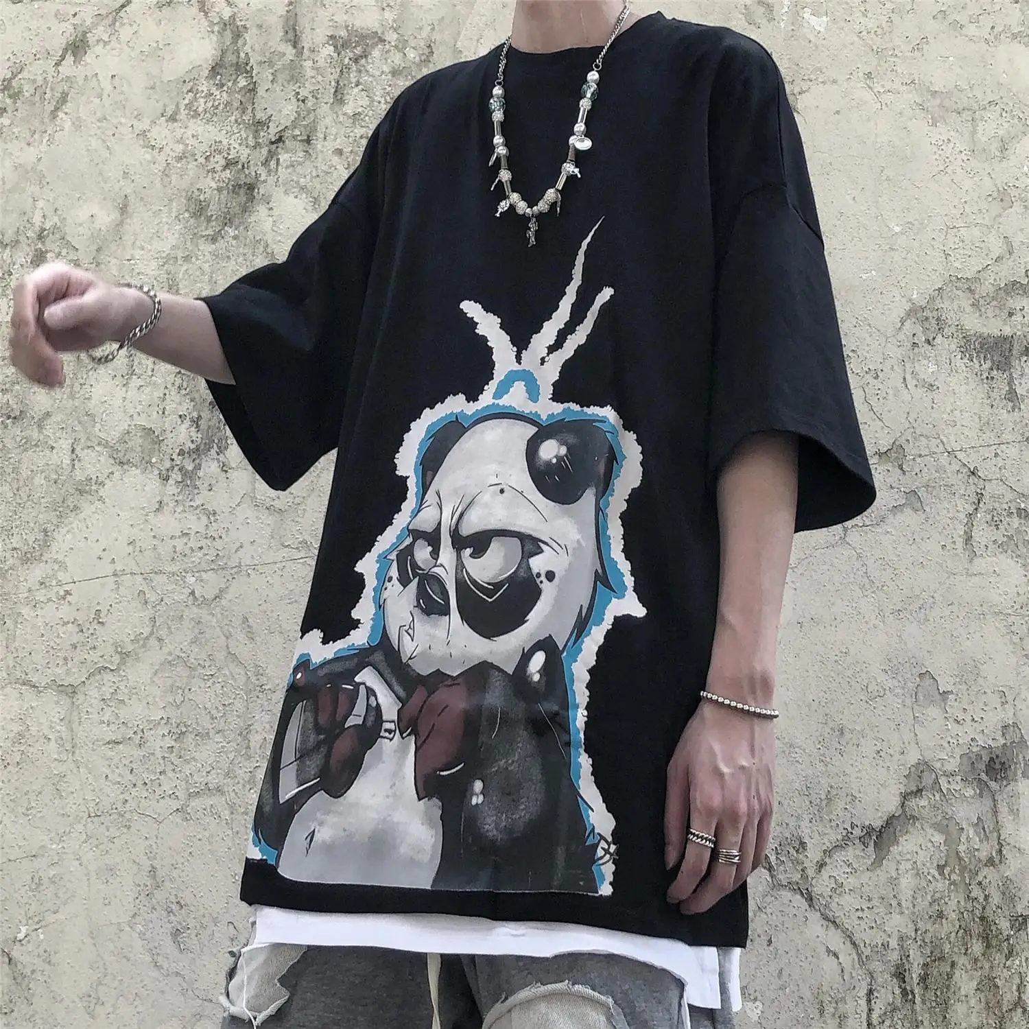 

New Short-Sleeved T-Shirt High Street Retro Fashion Cartoon Panda Print College Style Loose Casual Harajuku Mid-Length Top