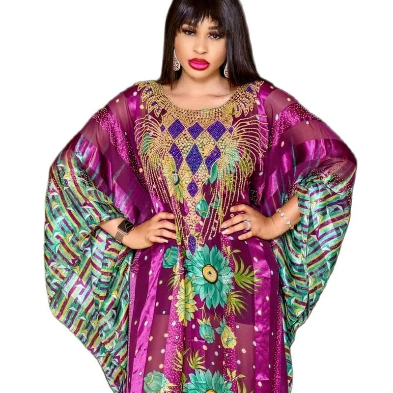 

African mothers' large-swing dress quality chiffon fabric luxury artificial stone cannon bead decoration with black elastic vest