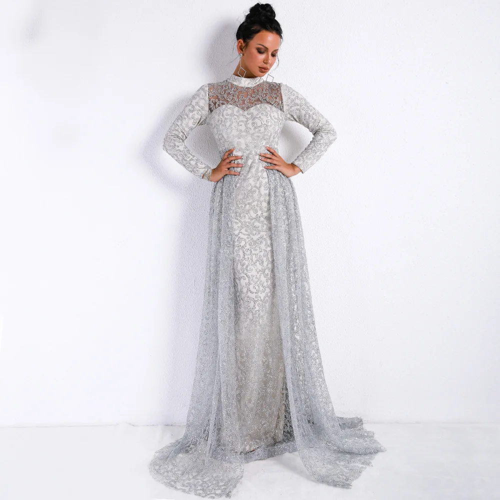 

New Silver Long Evening Dress 2019 Mermaid Sexy Full Sleeve Special occasion Party Prom dresses for women Evening Gowns