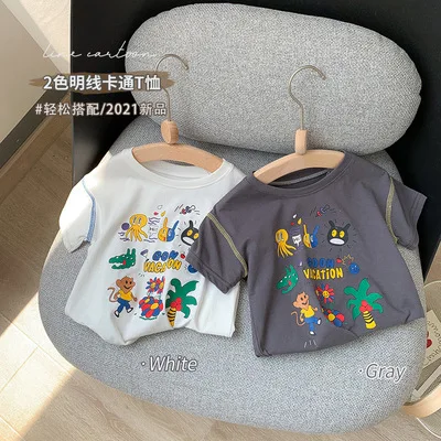 

2021 Summer New Baby Boys and Girls Cotton T-shirts Children's Short-sleeved Cartoon Print Casual T Shirt Kids Top Tees 2-7 Year