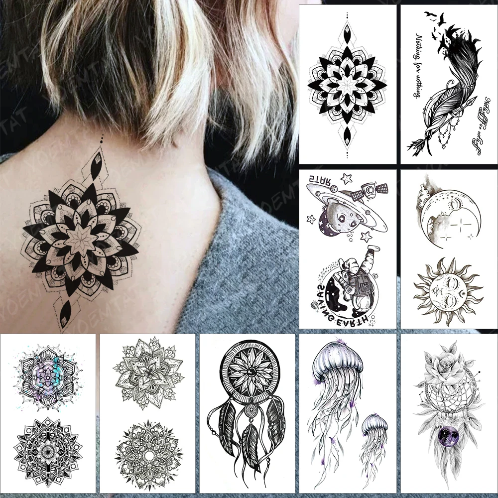 

Waterproof Temporary Tattoo Sticker Black Lotus Mandala Flash Tatoo Henna Feather Arm Wrist Fake Tatto For Body Art Women Men