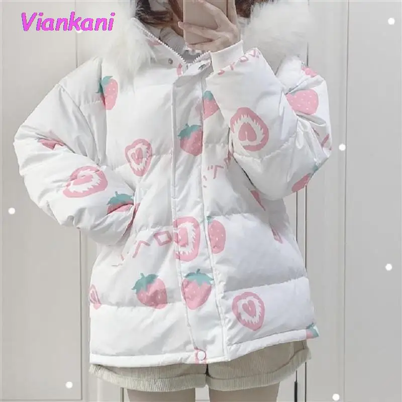 

Japanese Jk Cute Strawberry Jacket Cotton Thick Hoodie Women Preppy Style Sweet Winter Zipper Coats Chic Harajuku Warm Outerwear