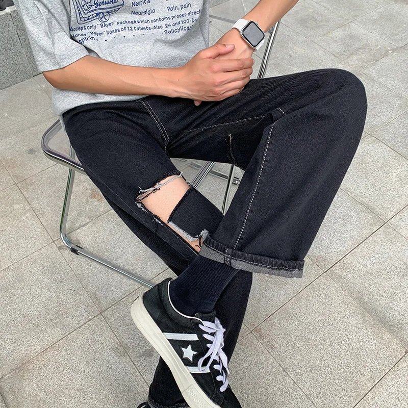 

Summer Ripped Wide-leg Jeans Men's Fashion Baggy Black White Jeans Men Streetwear Loose Hip-hop Hole Denim Trousers Mens M-2XL