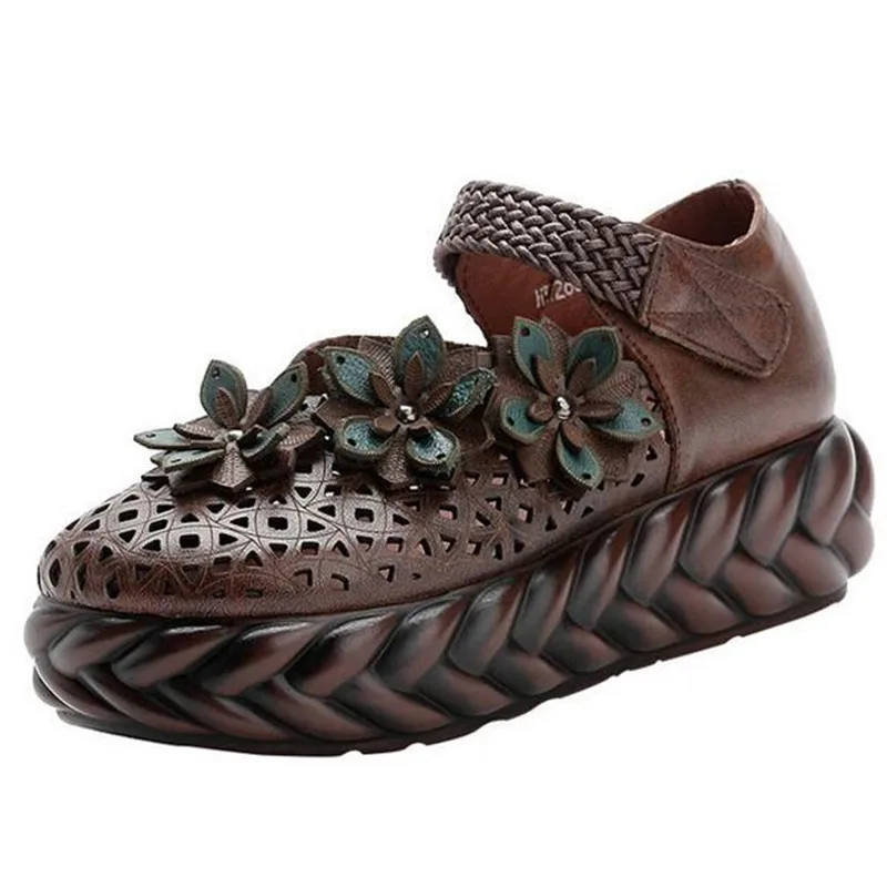 

New Spring Retro Flower Platform Shoes 100% Full Genuine Leather Fashion Shoes Light Comfort Breathable Cowhide High Heel Shoes