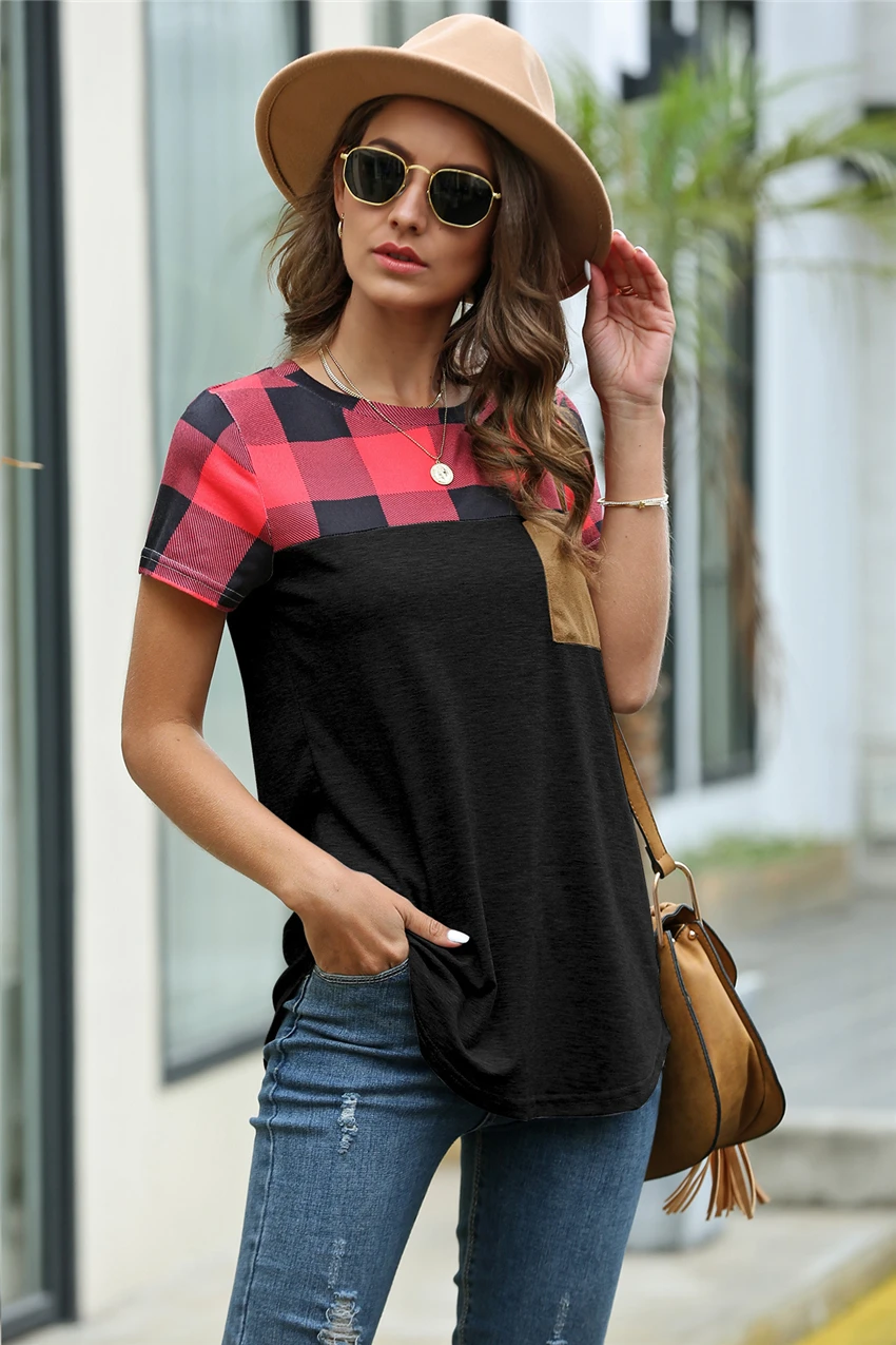 Футболка женская в клетку с карманами повседневная хлопковая рубашка коротким