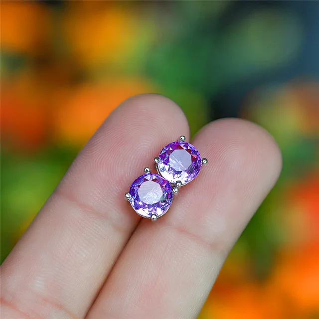 Round Purple Pink Мистик огненный Кристалл Камень круглые серьги гвоздики для женщин 925 Серебряный Цвет Радуга синий красный зеленый циркон двойные серьги для свадьбы - Окраска металла: Round Purple Pink