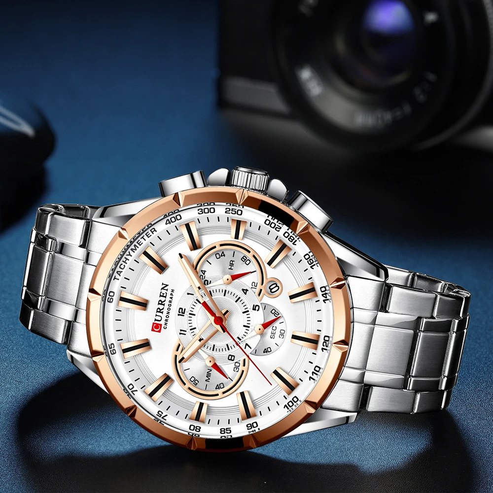 CURREN Mens Watch Quartz Top Brand Luxury Man Clock Silver Stainless Steel Golden Case 4 Dial Waterproof Calendar Wrist Watches | Наручные
