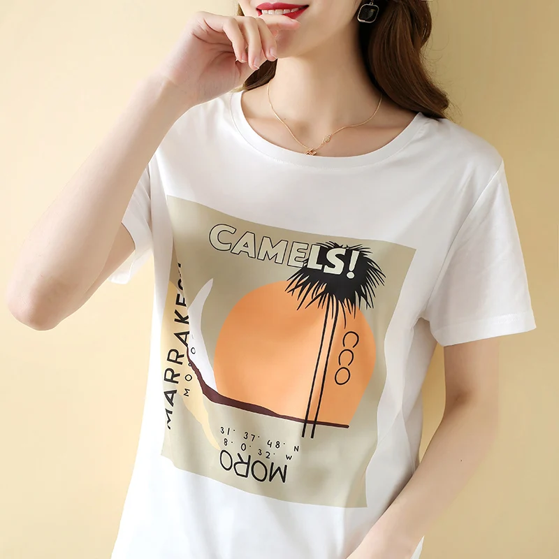 

silk tshirt women print round neck pullover summer cool short sleeves casual female top