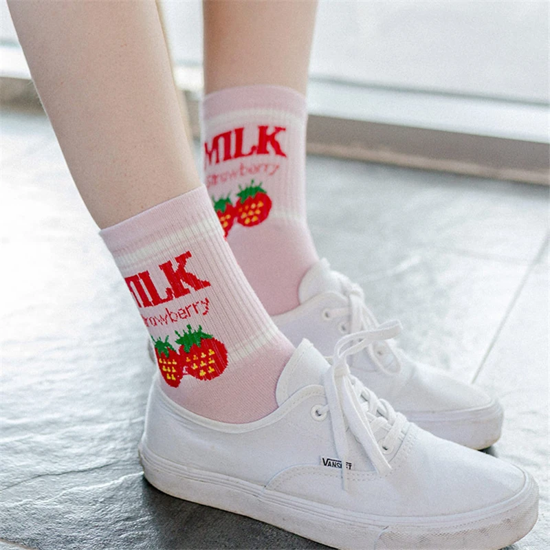 Новые женские носки без пятки ulzzang, молоко, клубника, банан, корова, соккен, для девочек, Осень-зима, рисунок с фруктами, молоко, теплые удобные хлопковые носки