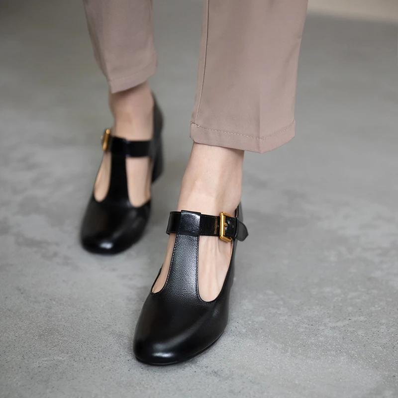 

VERCONAS Fashion Concise T-Strap Women Pumps Round Toe Genuine Leather Buckle High Heels Office Lady Working Casual Shoes Spring