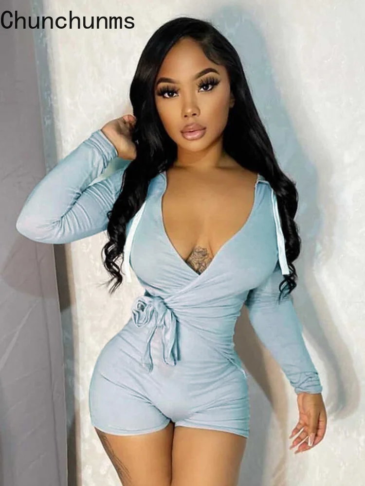 

Женский комбинезон с длинным рукавом, облегающие шорты с глубоким V-образным вырезом и капюшоном, повседневные Комбинезоны на шнуровке, ули...