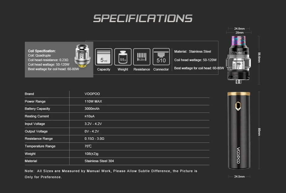 Набор электронных сигарет VOOPOO CALIBER PEN, 3000 мА/ч, набор для запуска ручки, макс. 110 Вт, выход 5 мл, Uforce Tank U4 U6, катушки