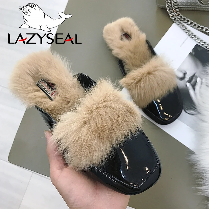 LazySeal женские шлепанцы на натуральном меху тапочки с квадратным носом пушистые