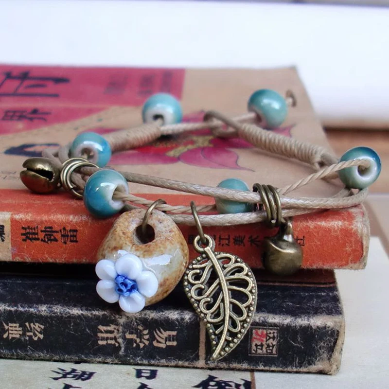 Модный браслет в стиле ретро женские керамические бусины с цветами листьями