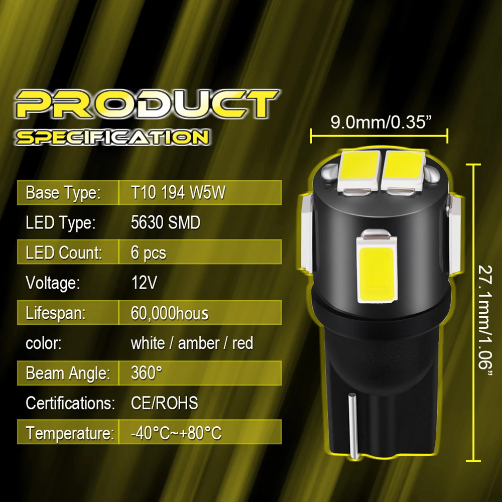 Katur 2 шт. W5W LED T10 Светодиодные лампы оранжевые красные Автомобильные фары 194 168