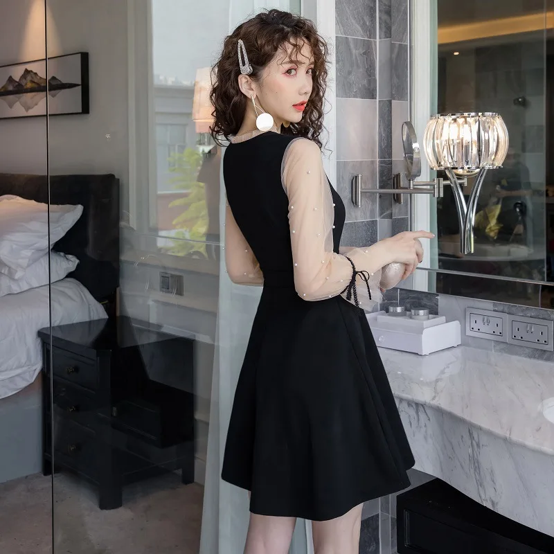 

S-XXL Big Size Mesh Patchwork Black Mini Dress Ladies Streetwear Winter Dress Women Empire Long Sleeve Casual Korean Dress Women