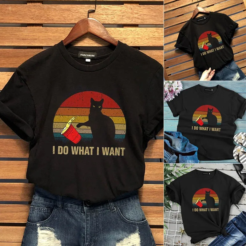 Милая кошка I Do What I Want винтажная женская футболка женская мужская футболка с длинными рукавами топы с круглым вырезом и коротким рукавом