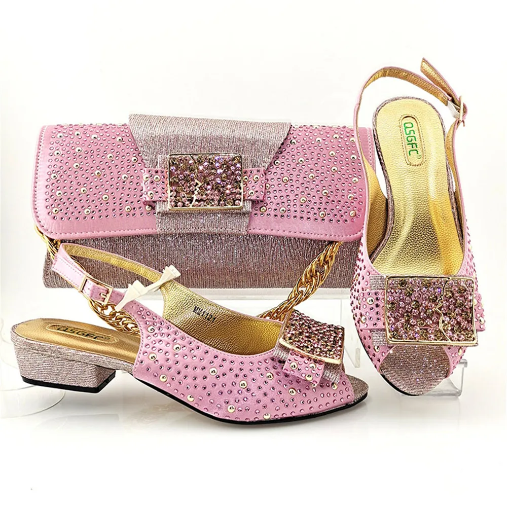 

High Quality Itlaian Design Colorful Crystal Special African 2021 Decoration Women Shoes and Bag Set in Pink Color for Party