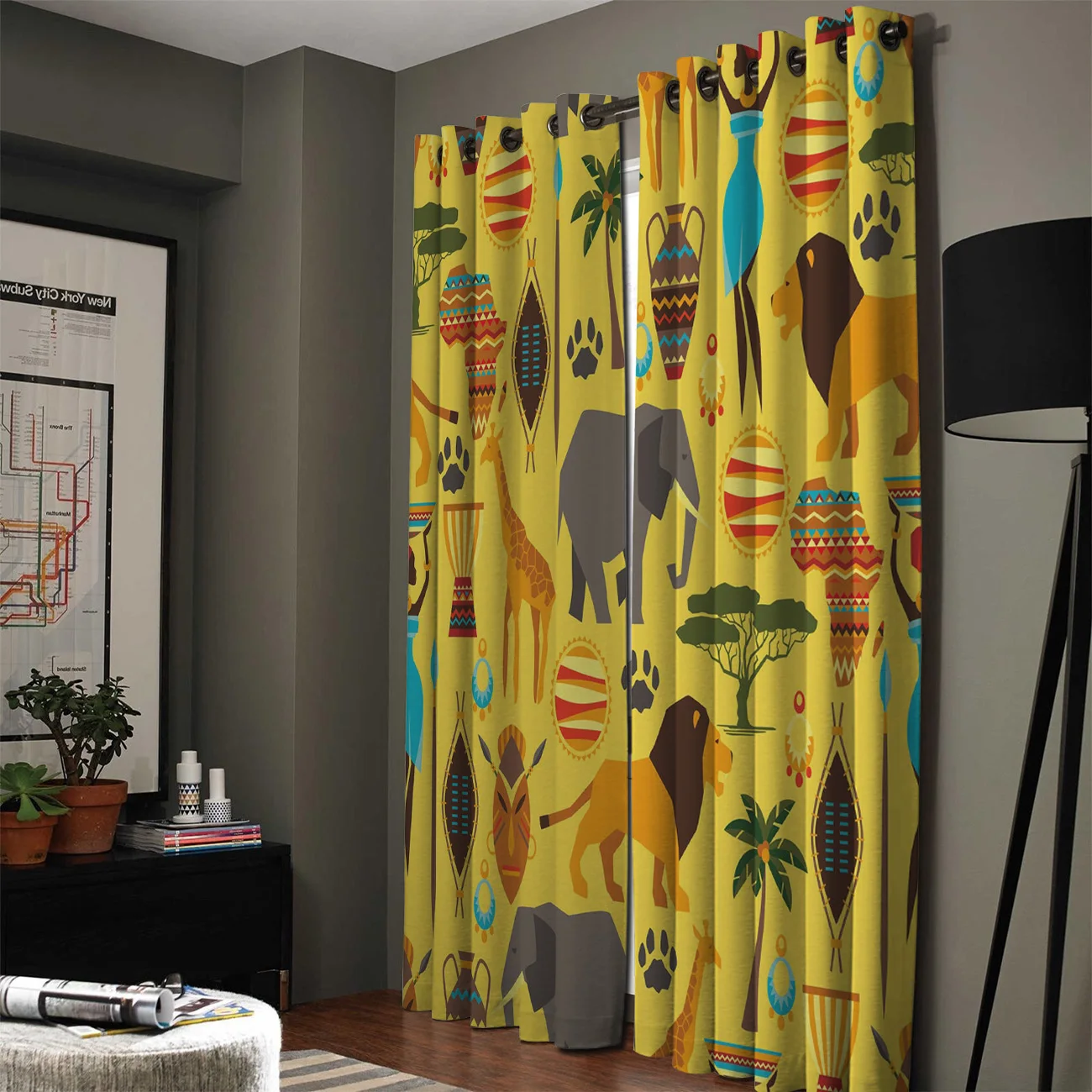 Желтые оконные шторы с иллюстрациями животных слона льва жирафа занавески для