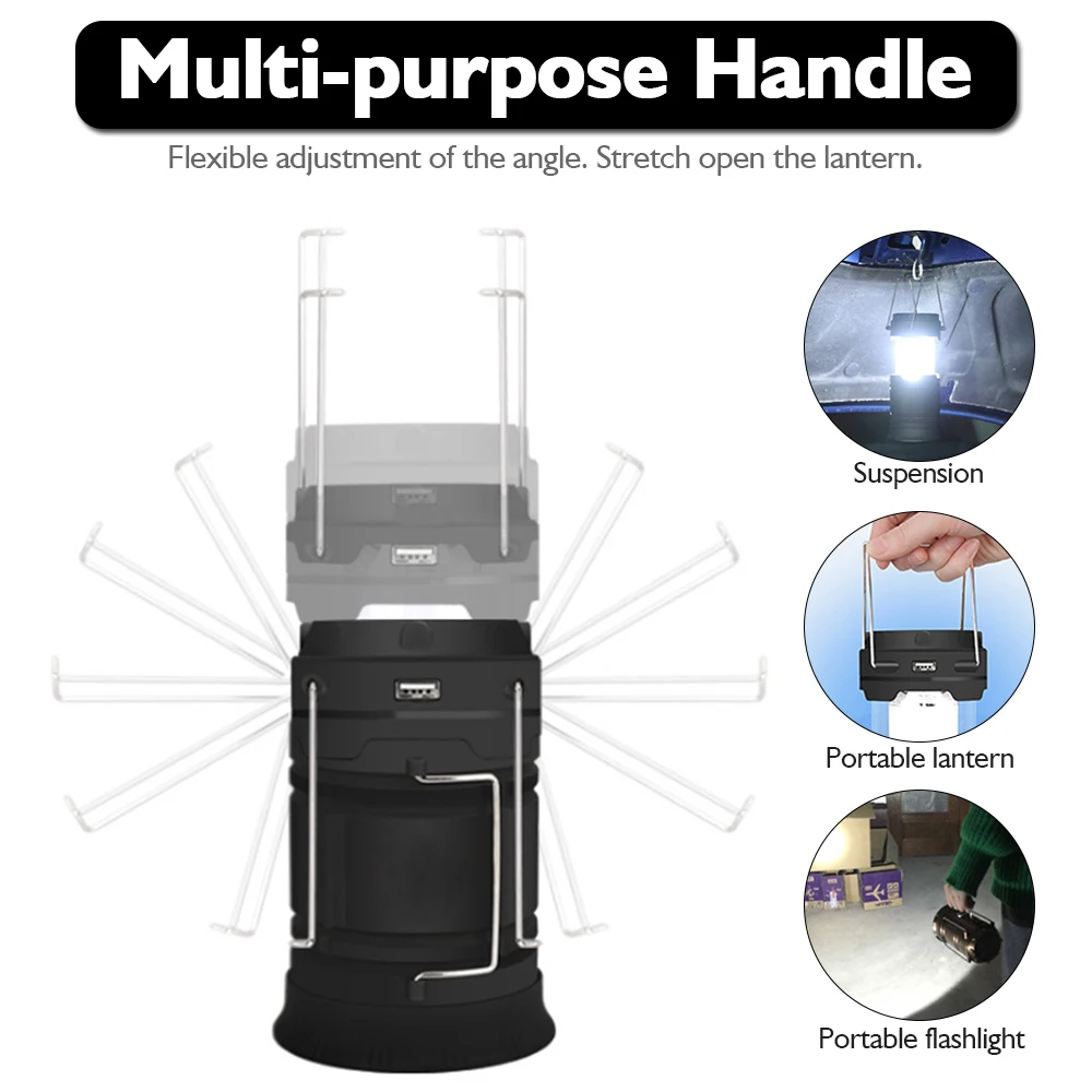 Camping Lamp USB Rechargeable Light Outdoor Tent Lantern Solar Power Collapsible Flashlight Emergency Torch | Освещение