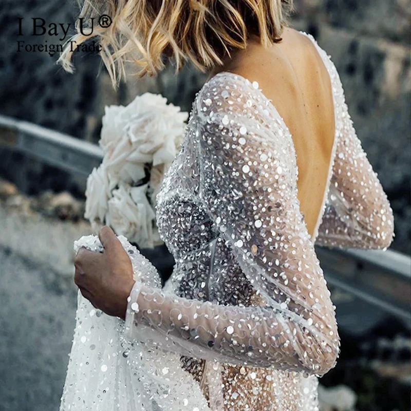 Real Photos Sparkly Sequins Long Sleeves Wedding Dress 2019 V Back Sexy Formal Bridal Gowns Custom Made