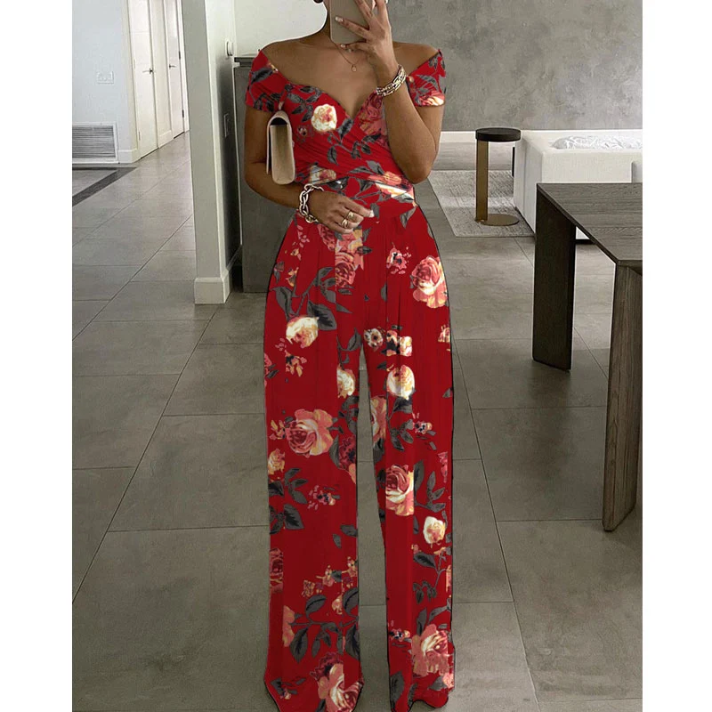 

Women Fashion 2021 Floral Short Sleeve V Neck Summer Casual Jumpsuits Romper Overalls Long Pants Female Lady Clothing